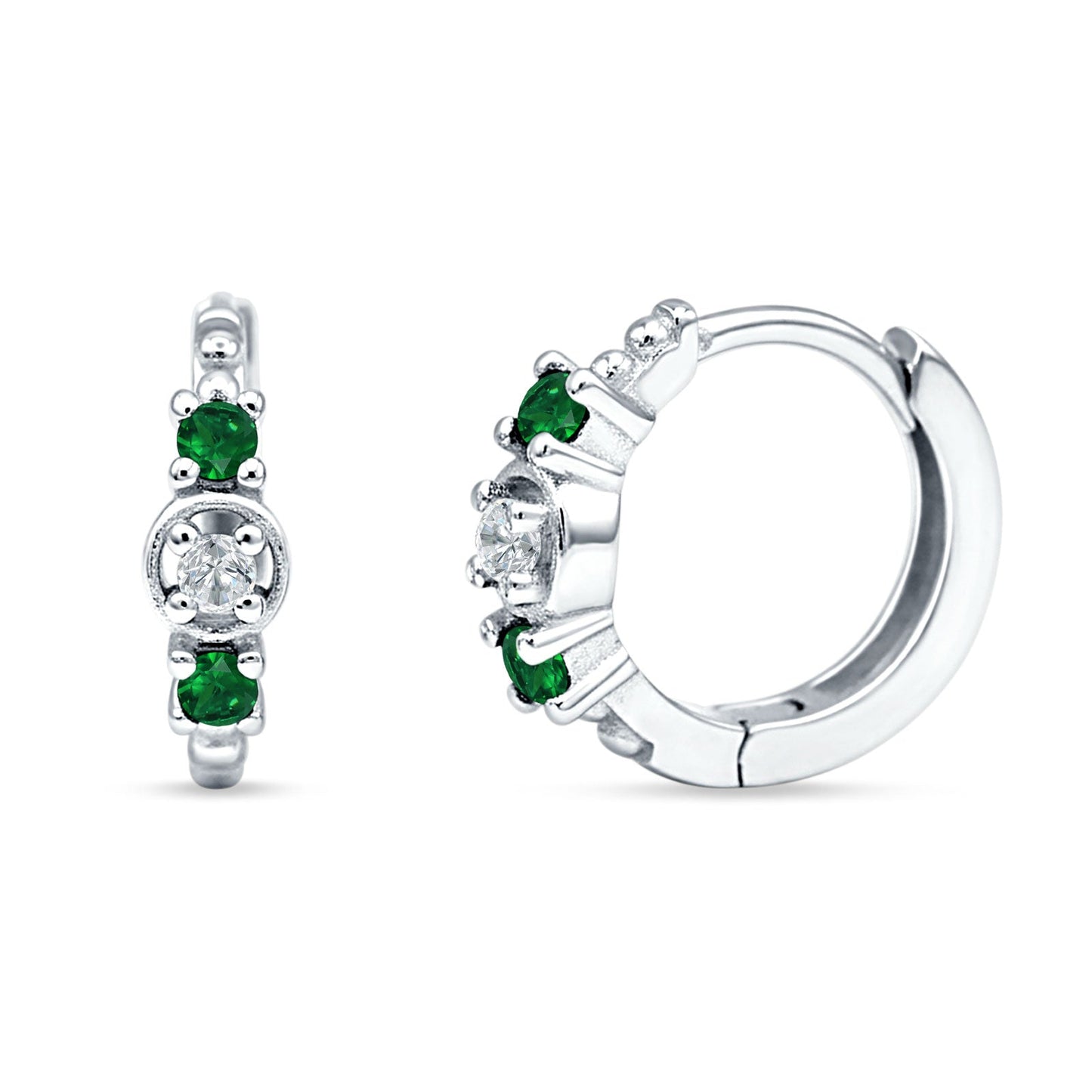 Round CZ & Green Emerald CZ Trio Huggie Hoop Earrings