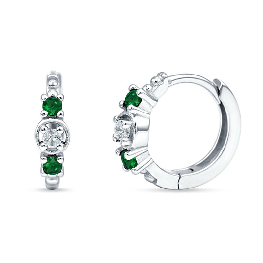 Round CZ & Green Emerald CZ Trio Huggie Hoop Earrings