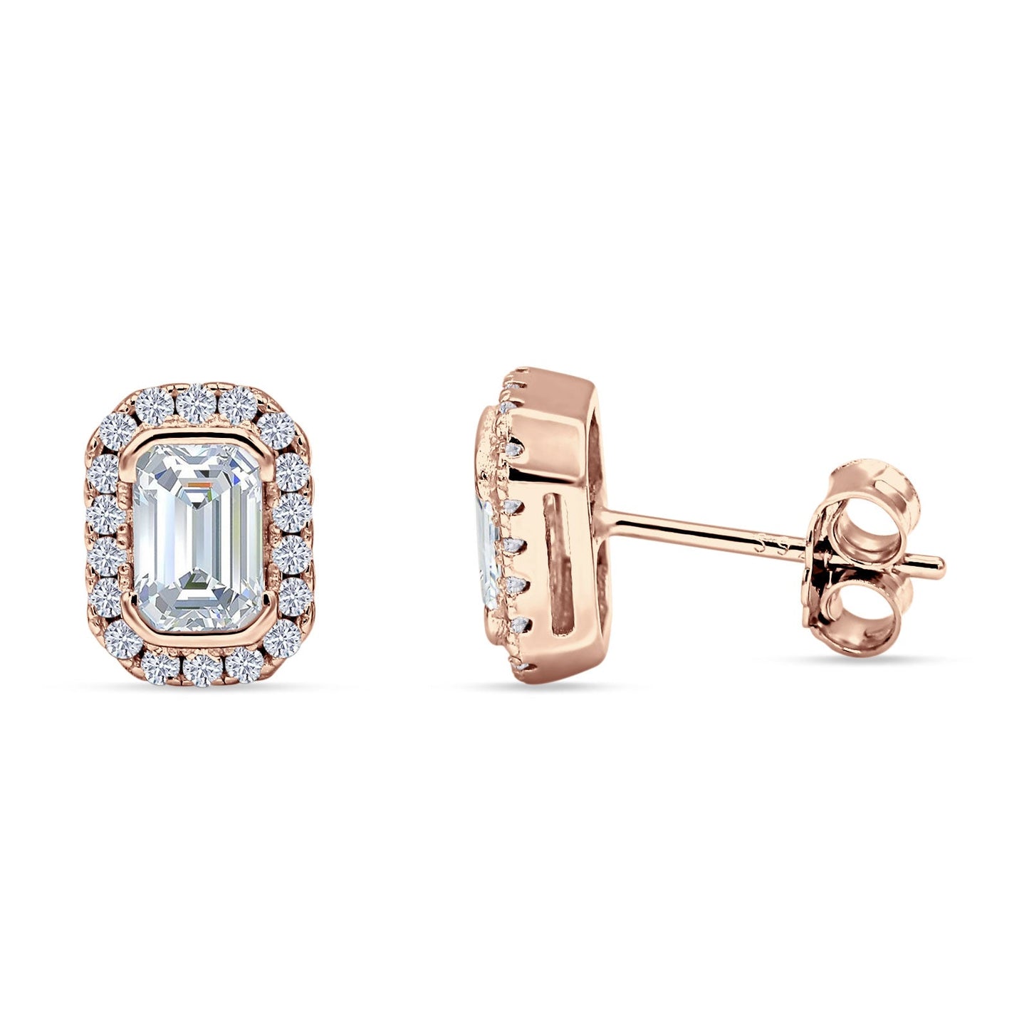 Emerald Cut CZ Halo Stud Earrings Rose Tone