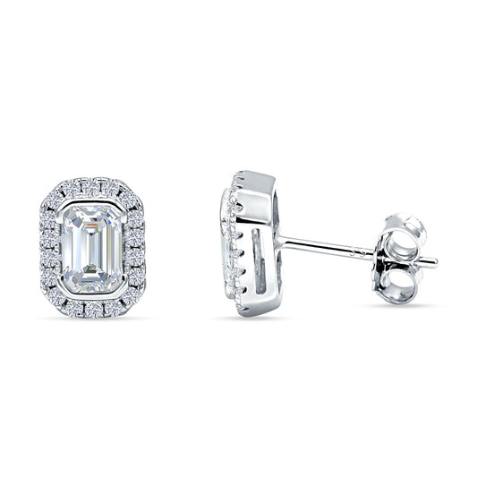Emerald Cut CZ Halo Stud Earrings