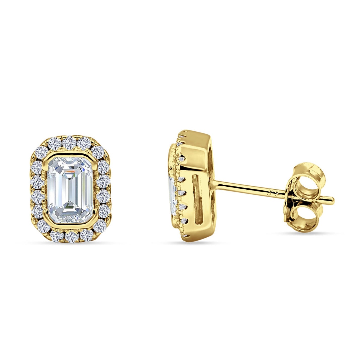 Emerald Cut CZ Halo Stud Earrings Yellow Tone