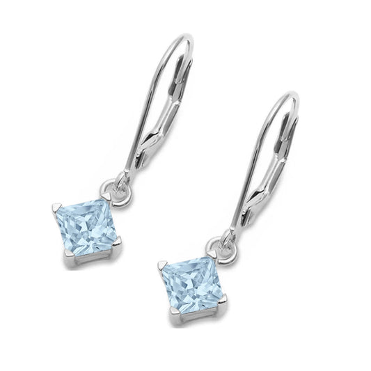 Princess Cut Leverback Earrings Aquamarine CZ