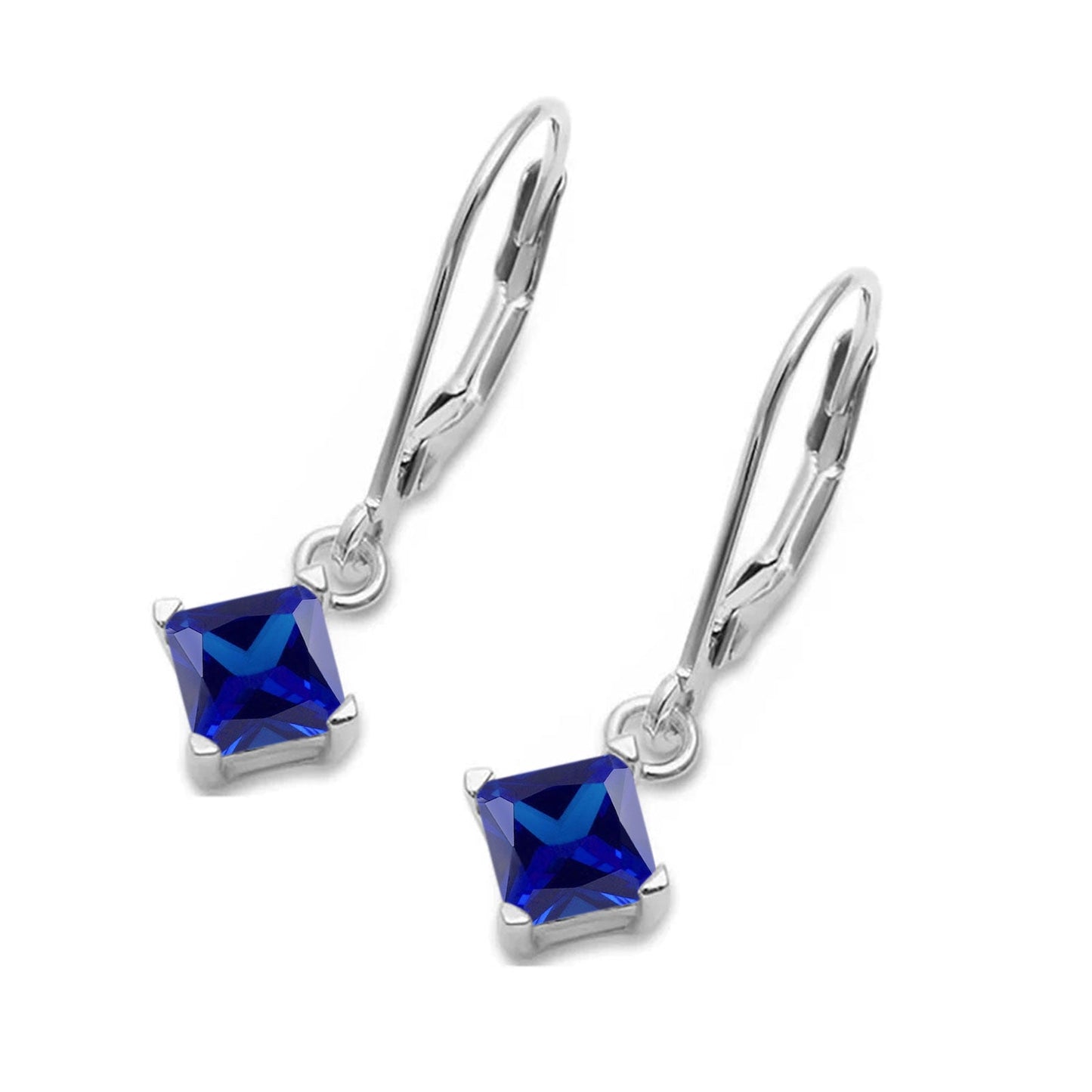 Princess Cut Leverback Earrings Blue Sapphire CZ