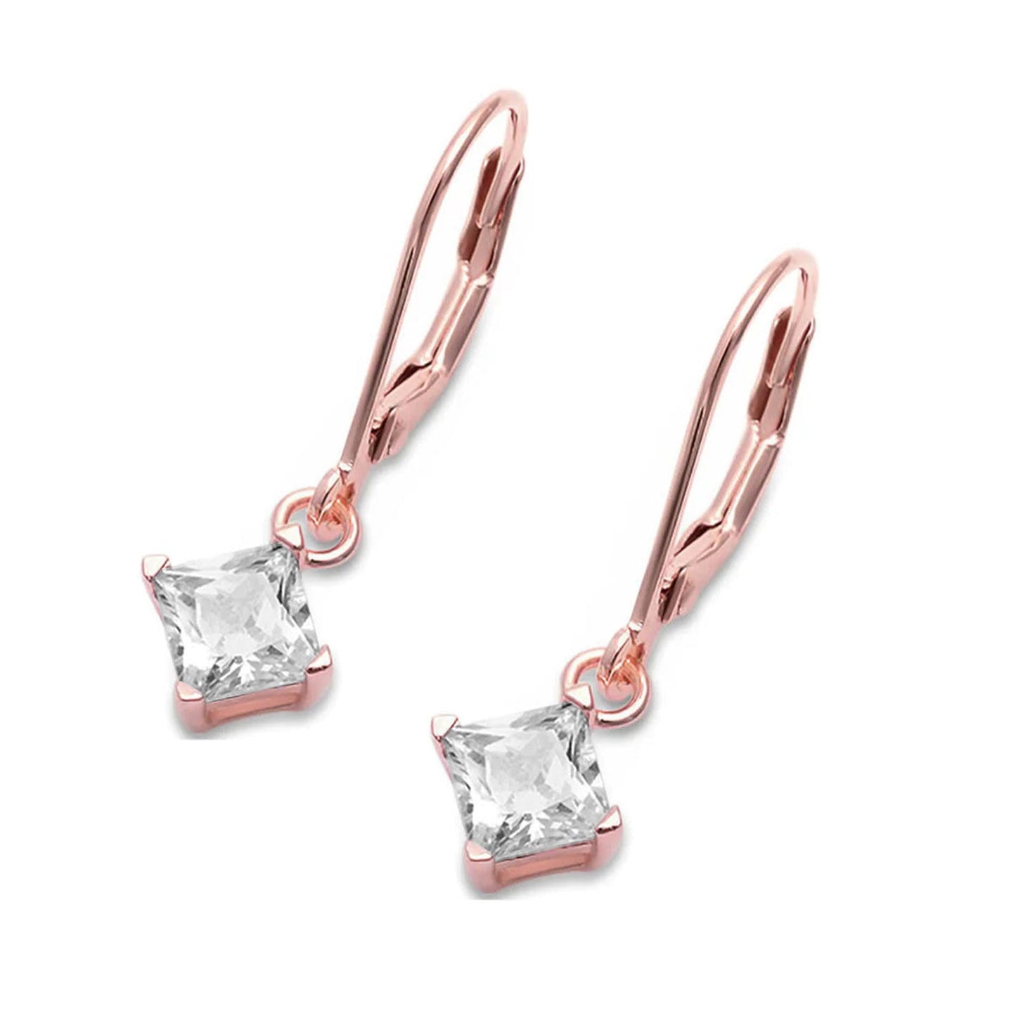 Princess Cut Leverback Earrings Cubic Zirconia Rose Tone