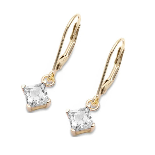 Princess Cut Leverback Earrings Cubic Zirconia Yellow Tone