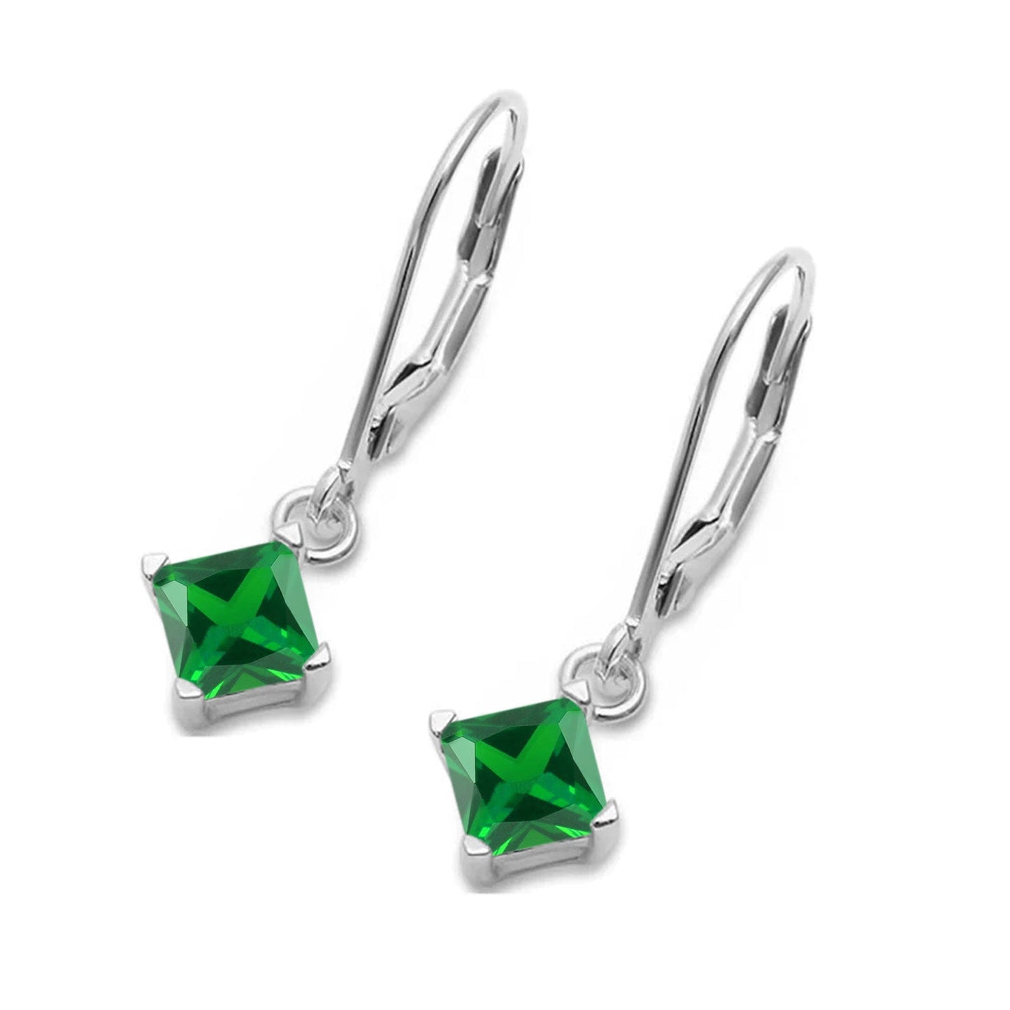 Princess Cut Leverback Earrings Green Emerald CZ