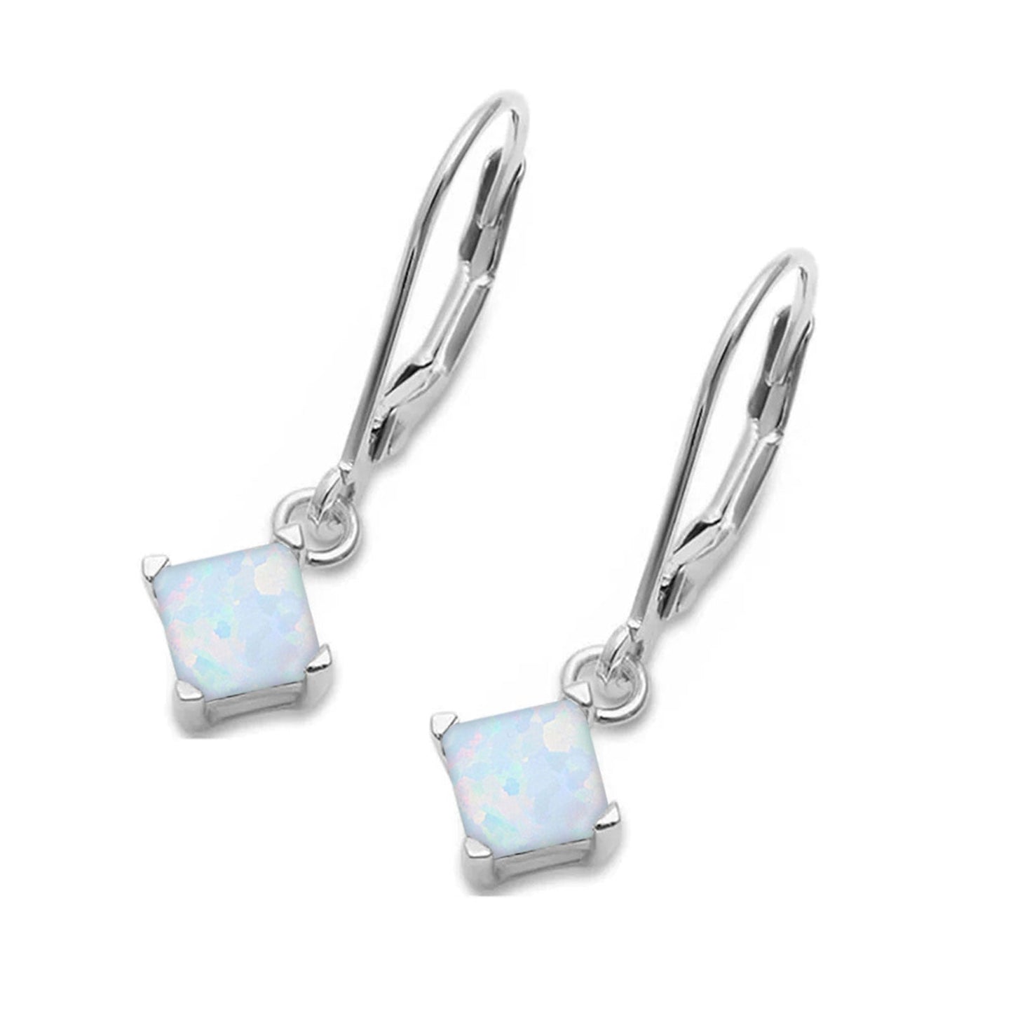 Princess Cut Leverback Earrings Lab Created White Opal