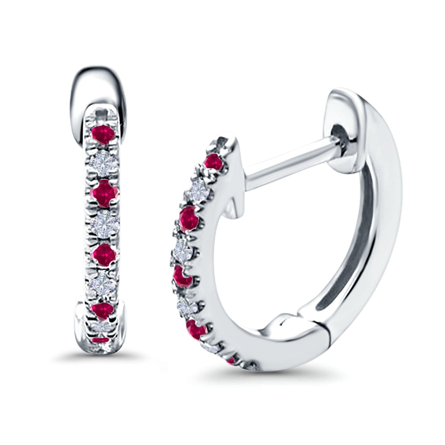 Half Eternity Hoop Earrings Round Simulated Ruby CZ (14mm)