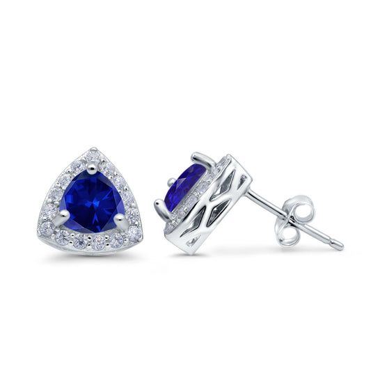 Halo Simulated Blue Sapphire CZ Round Stud Earrings