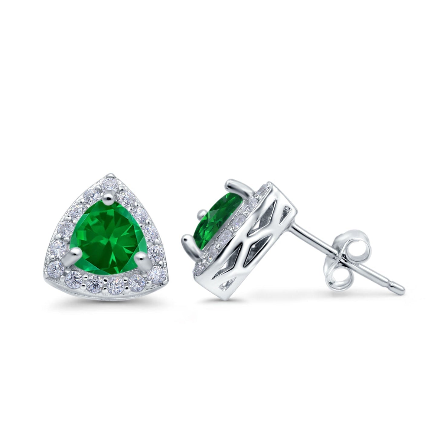 Halo Simulated Green Emerald CZ Round Stud Earrings