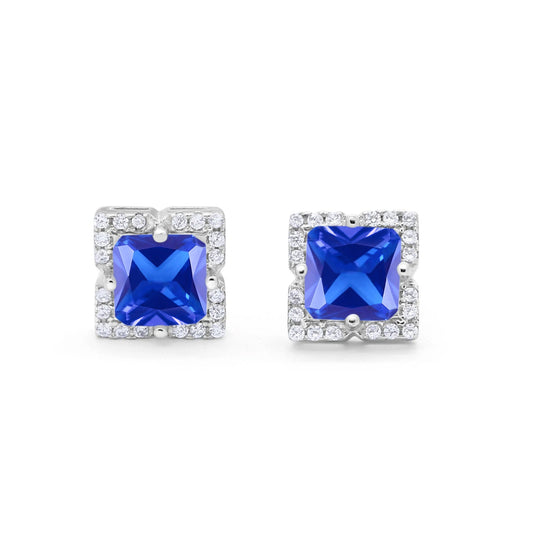 Halo Princess Cut Simulated Tanzanite CZ Engagement Bridal Stud Earrings