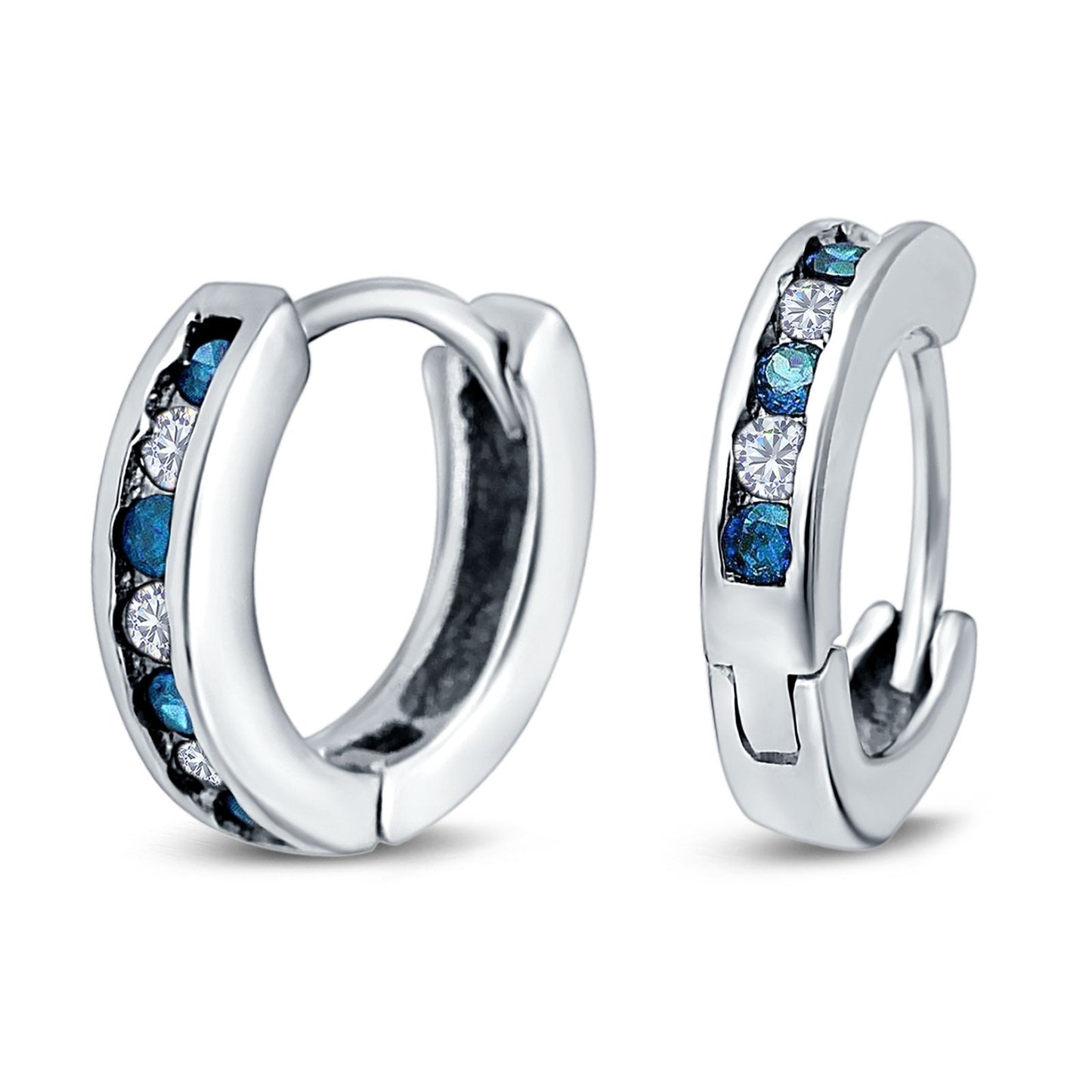 Eternity Huggie Hoop Earrings Channel Round Simulated Blue Topaz Cubic Zirconia