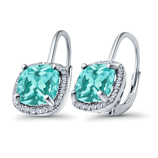 Halo Cushion Simulated Paraiba Tourmaline CZ Leverback Earrings