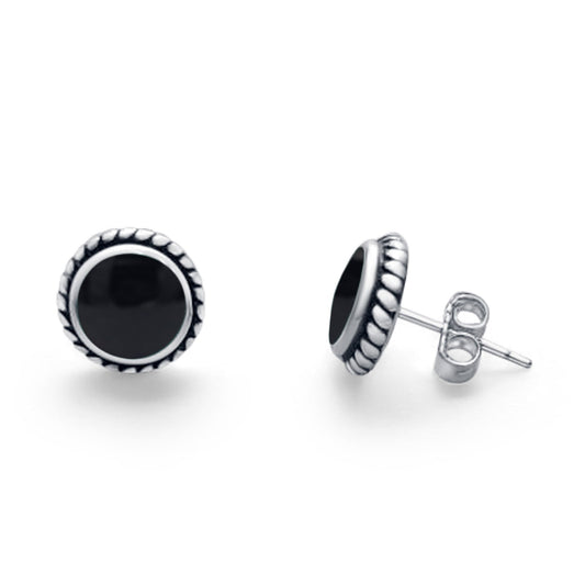 Twisted Rope Design Stud Post Earrings Round Simulated Black Onyx