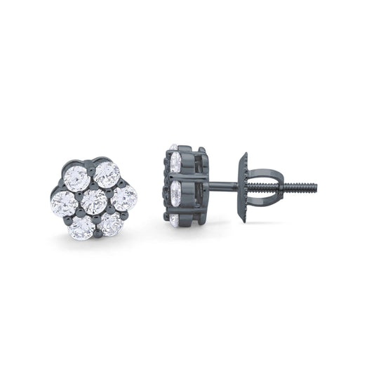 8mm Cluster 7-Stone Round Black Tone, Simulated CZ Screwback Flower Stud Earring