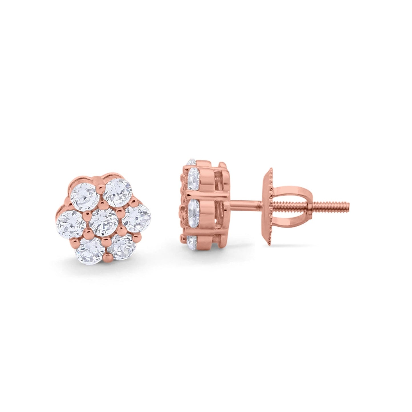 Cluster 7-Stone Round 8mm Rose Tone, Simulated CZ Screwback Flower Stud Earring