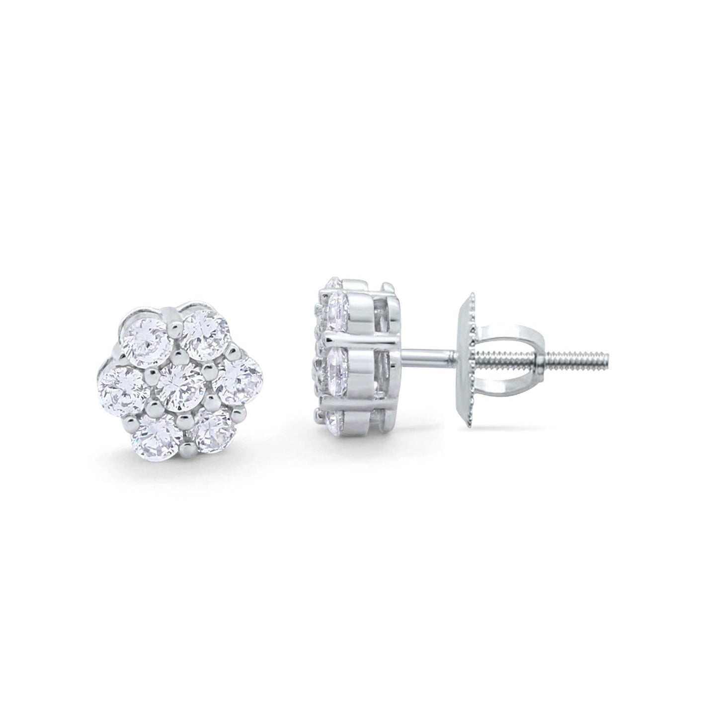 8mm Cluster 7-Stone Round Simulated CZ Screwback Flower Stud Earring