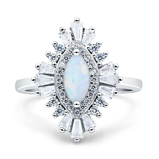 Art Deco Marquise Engagement Ring Lab Created White Opal