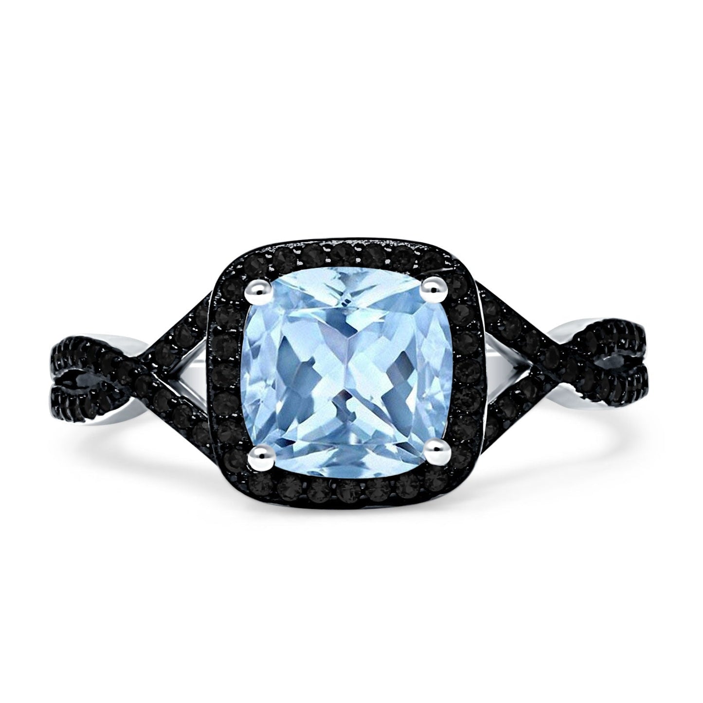 Halo Cushion Infinity Twist Side Stone Black CZ Engagement Ring Simulated Aquamarine