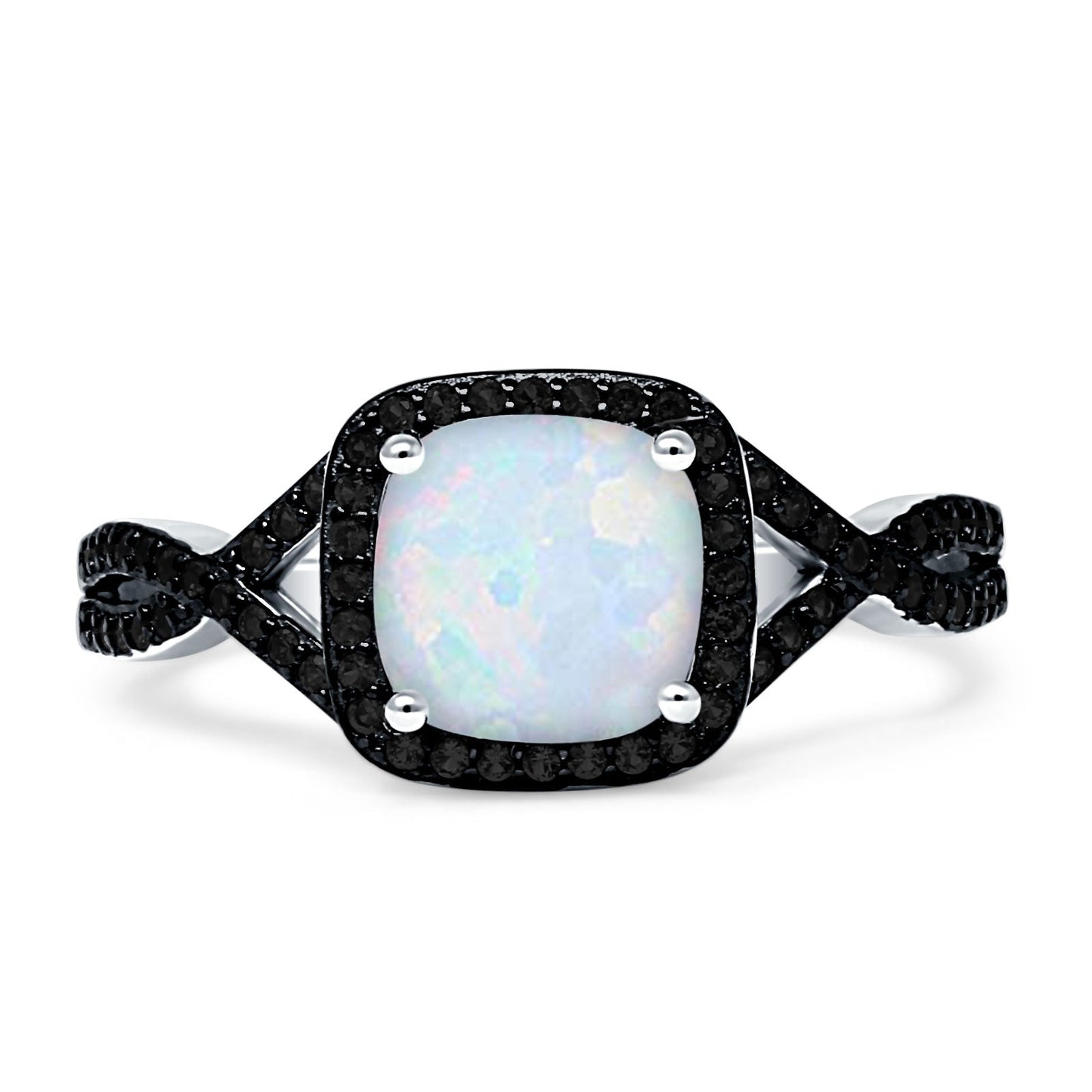 Halo Cushion Infinity Twist Side Stone Black CZ Fashion Ring Lab Created White Opal