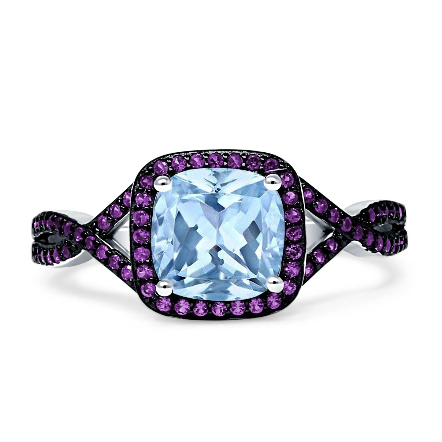 Halo Cushion Infinity Twist Side Stone Amethyst CZ Engagement Ring Simulated Aquamarine