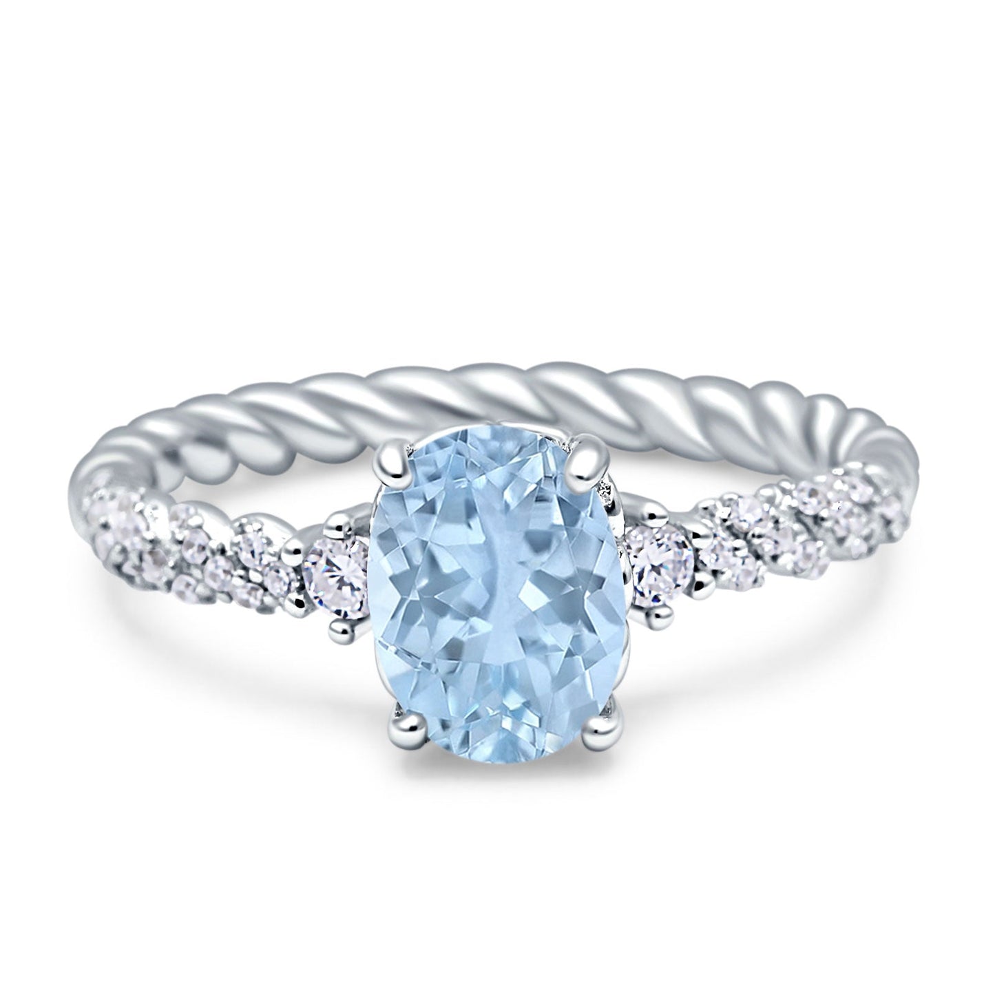 Twisted Rope Hidden Halo Oval Engagement Ring Simulated Aquamarine