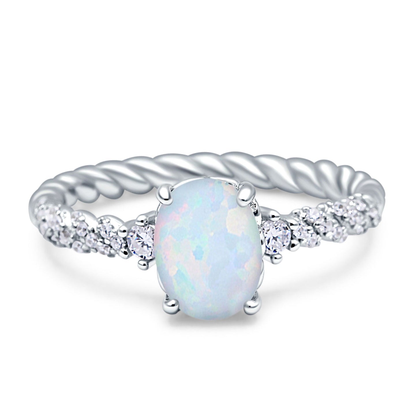 Twisted Rope Hidden Halo Oval Engagement Ring Lab Created White Opal