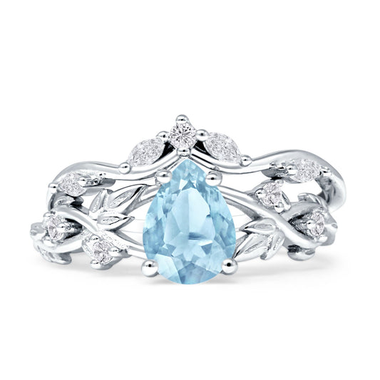 Two Piece Pear Teardrop Bridal Ring Aquamarine CZ