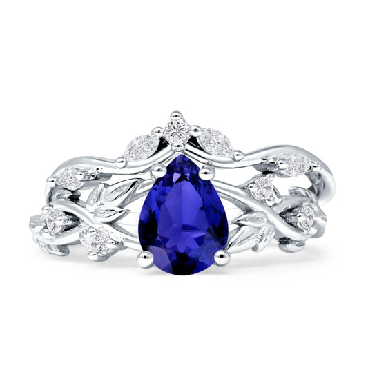 Two Piece Pear Teardrop Bridal Ring Blue Sapphire CZ