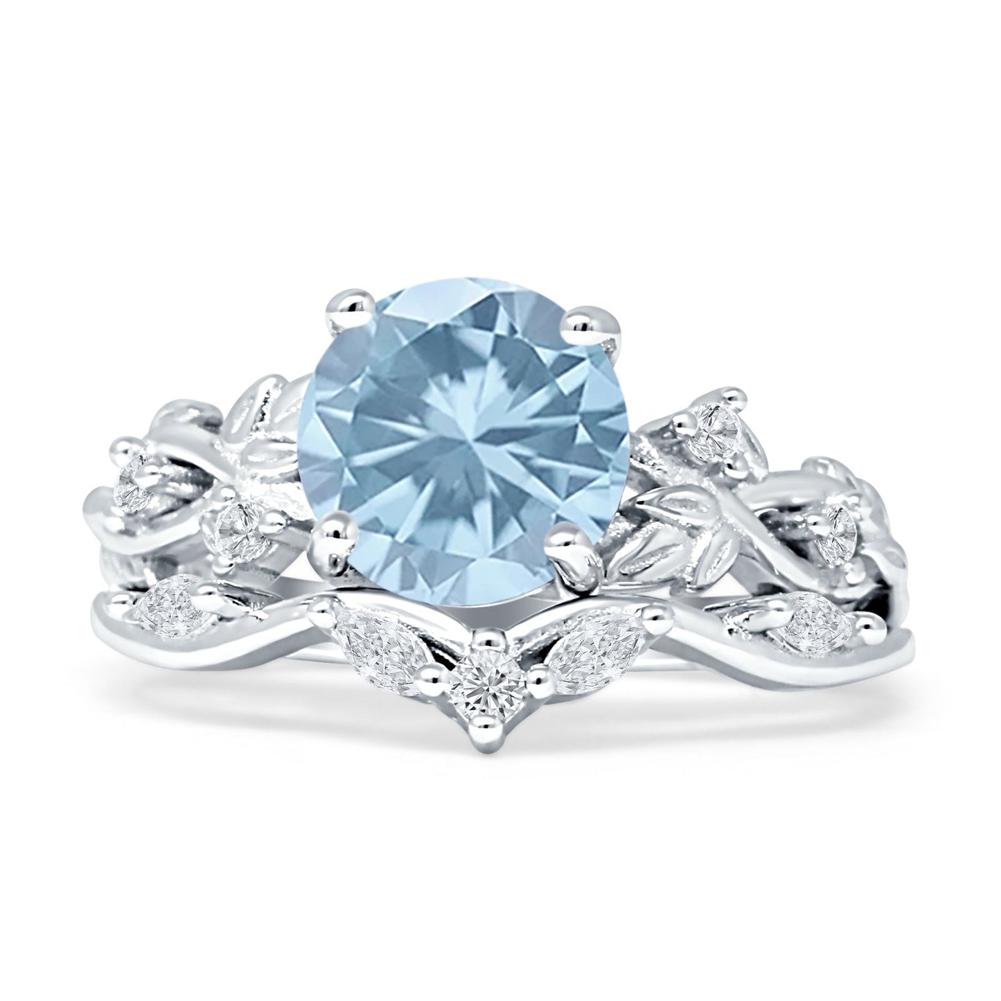 Art Deco Round Aquamarine CZ Infinity Leaf Two Piece Ring