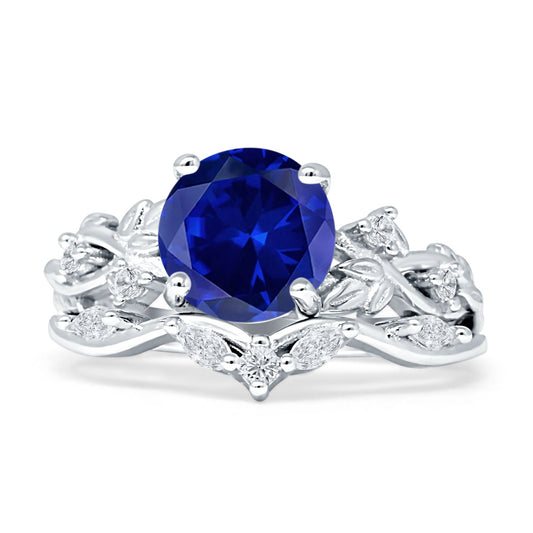 Art Deco Round Blue Sapphire CZ Infinity Leaf Two Piece Ring