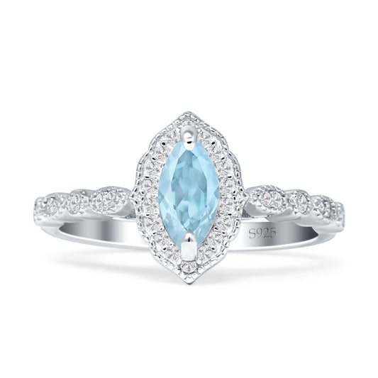 Art Deco Halo Marquise Aquamarine CZ Engagement Ring