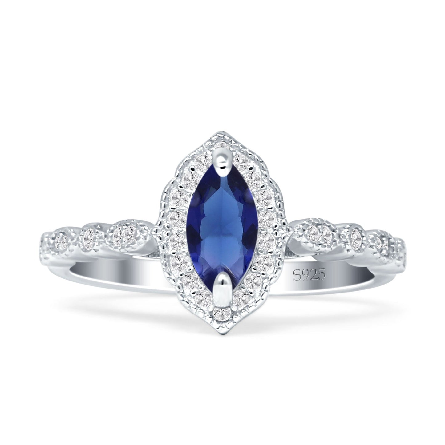 Art Deco Halo Marquise Blue Sapphire CZ Engagement Ring