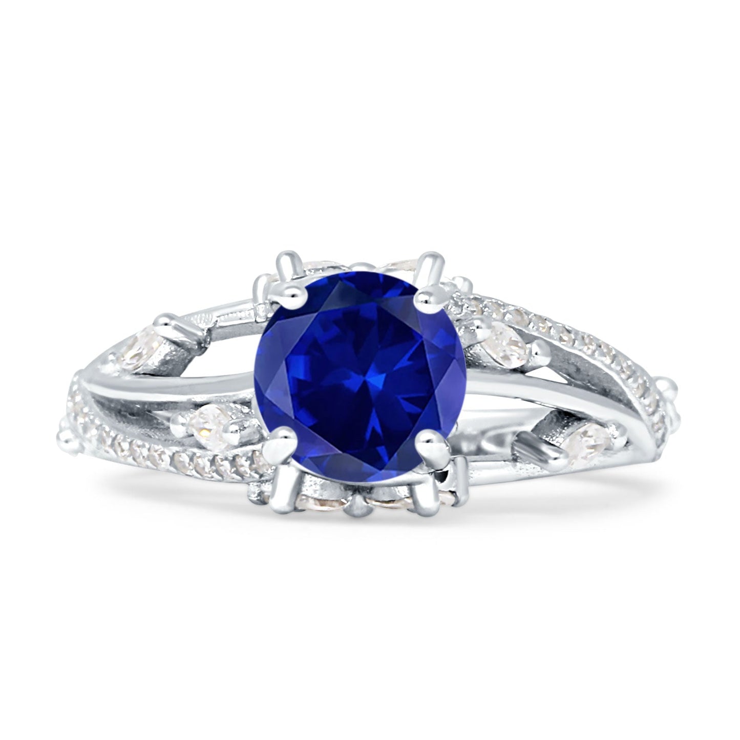 Round Split Shank Blue Sapphire CZ Engagement Ring