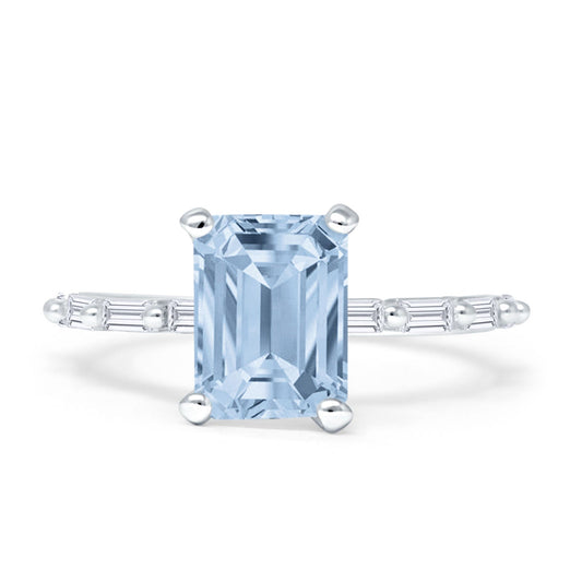 Emerald Cut Solitaire Baguette Aquamarine CZ Ring