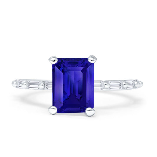 Emerald Cut Solitaire Baguette Blue Sapphire CZ Ring