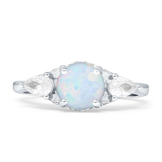 Trilogy Ring Round Pear Teardrop Created White Opal