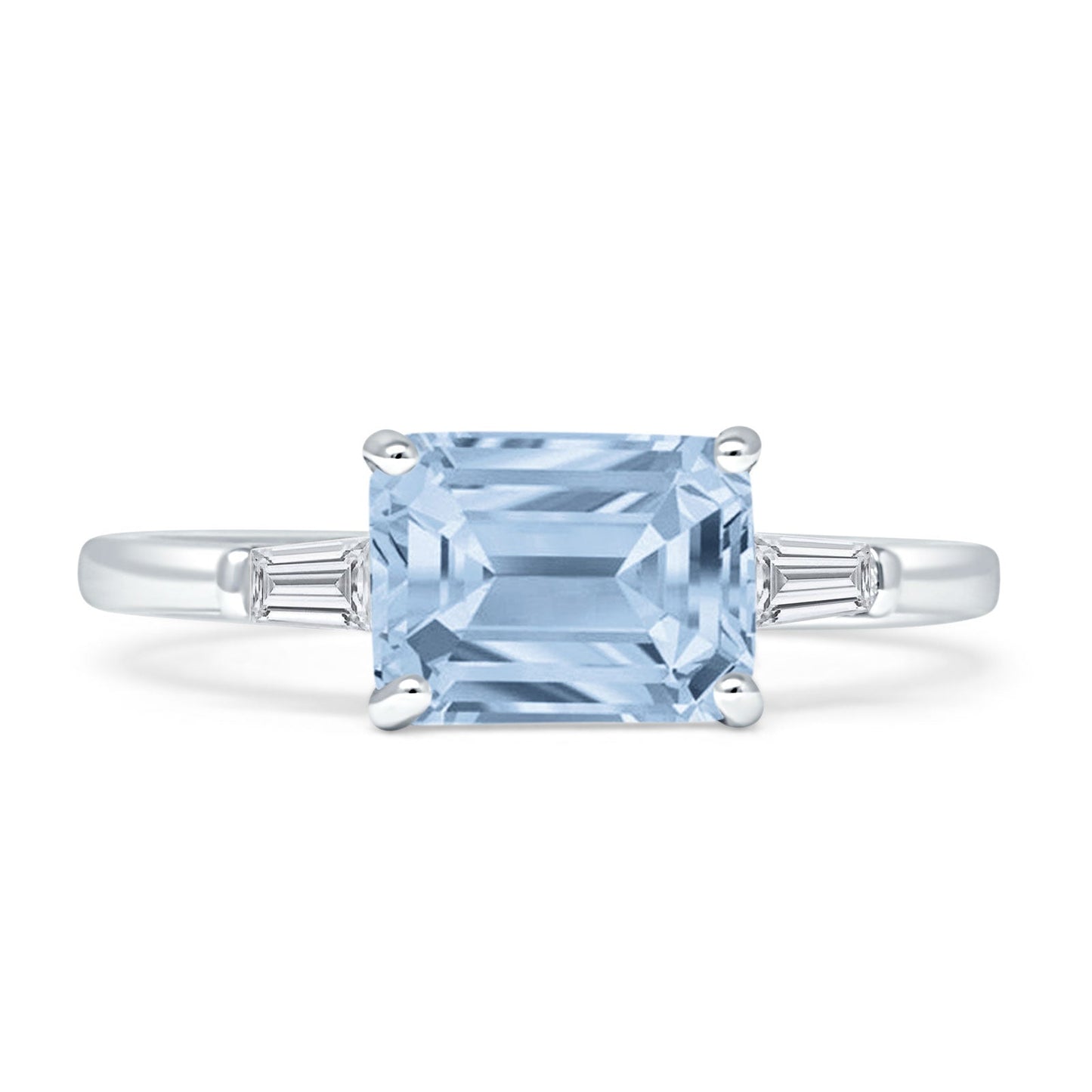 Emerald Cut Solitaire Trio Ring Aquamarine CZ