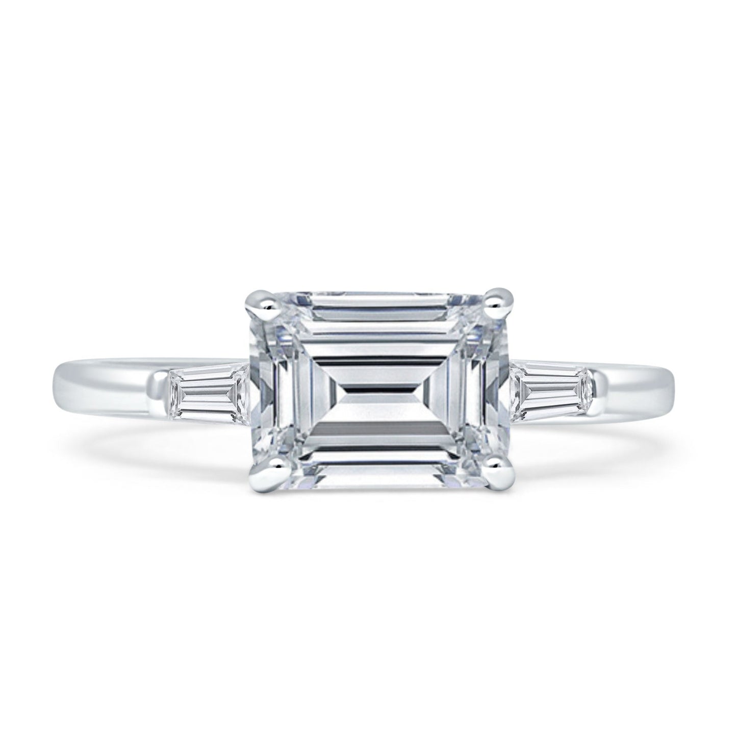 Emerald Cut Solitaire Trio Ring Cubic Zirconia