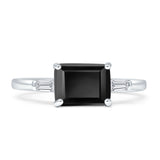 Emerald Cut Natural Black Onyx Solitaire Trio Ring 925 Sterling Silver