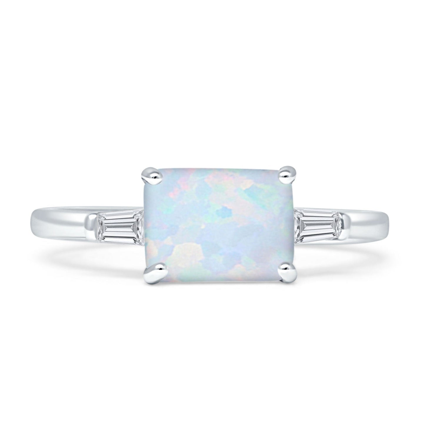 Emerald Cut Solitaire Trio Ring Created White Opal