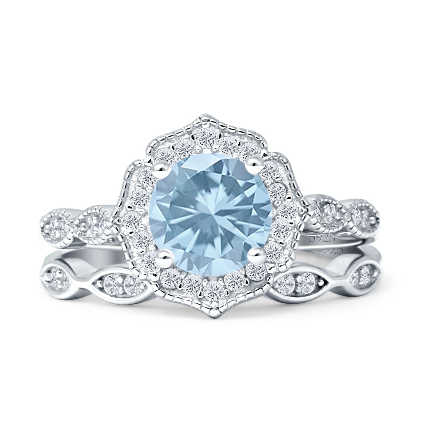 Two Piece Round Halo Floral Ring Aquamarine CZ