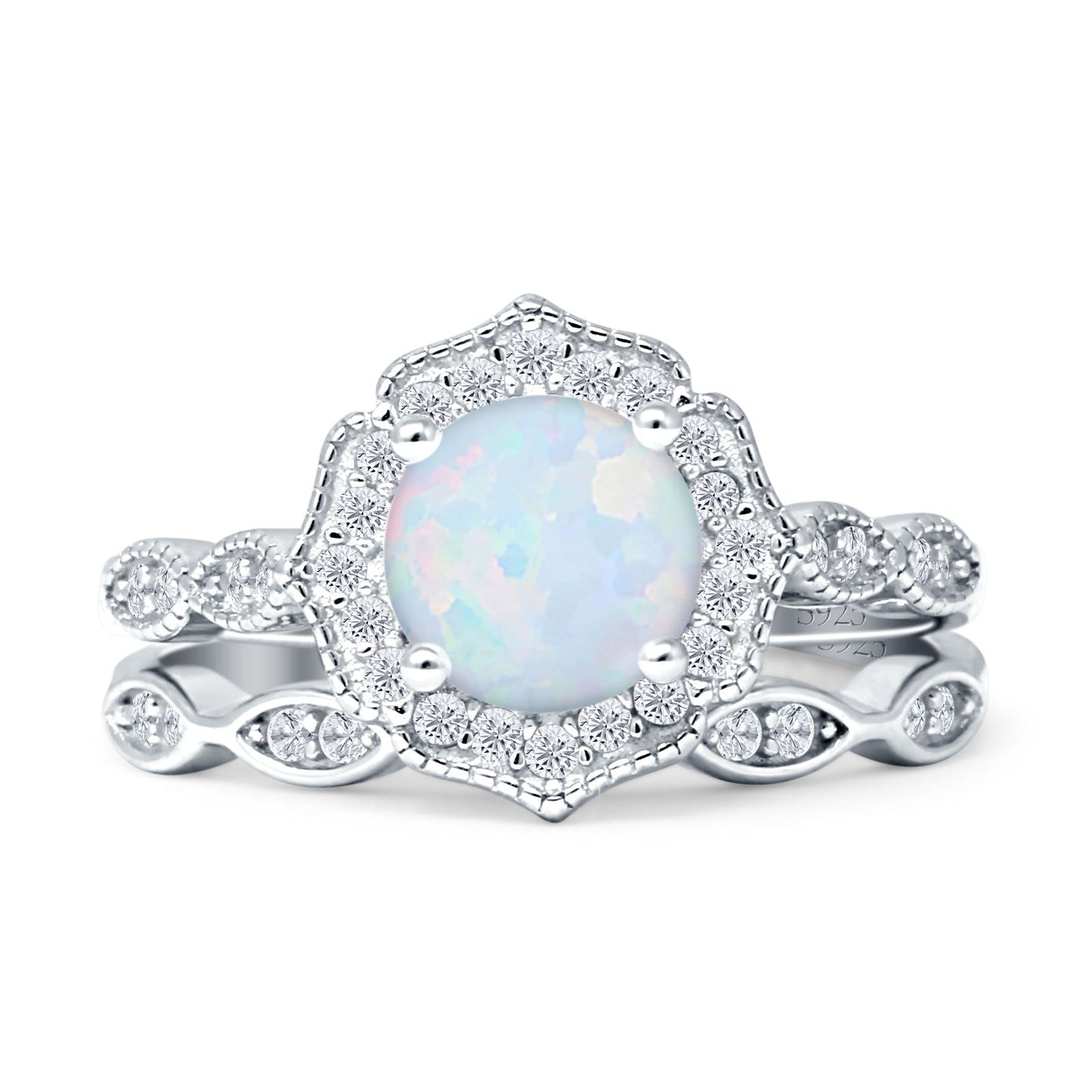 Two Piece Round Halo Floral Ring Created White Opal