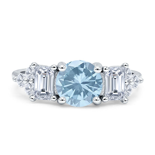 Vintage Style Round Three Stone Ring Aquamarine CZ