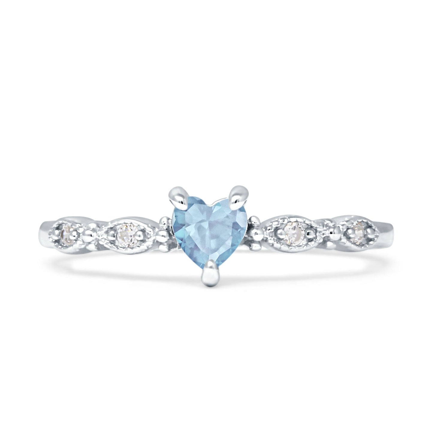 Heart Leaf Vintage Promise Ring Aquamarine CZ