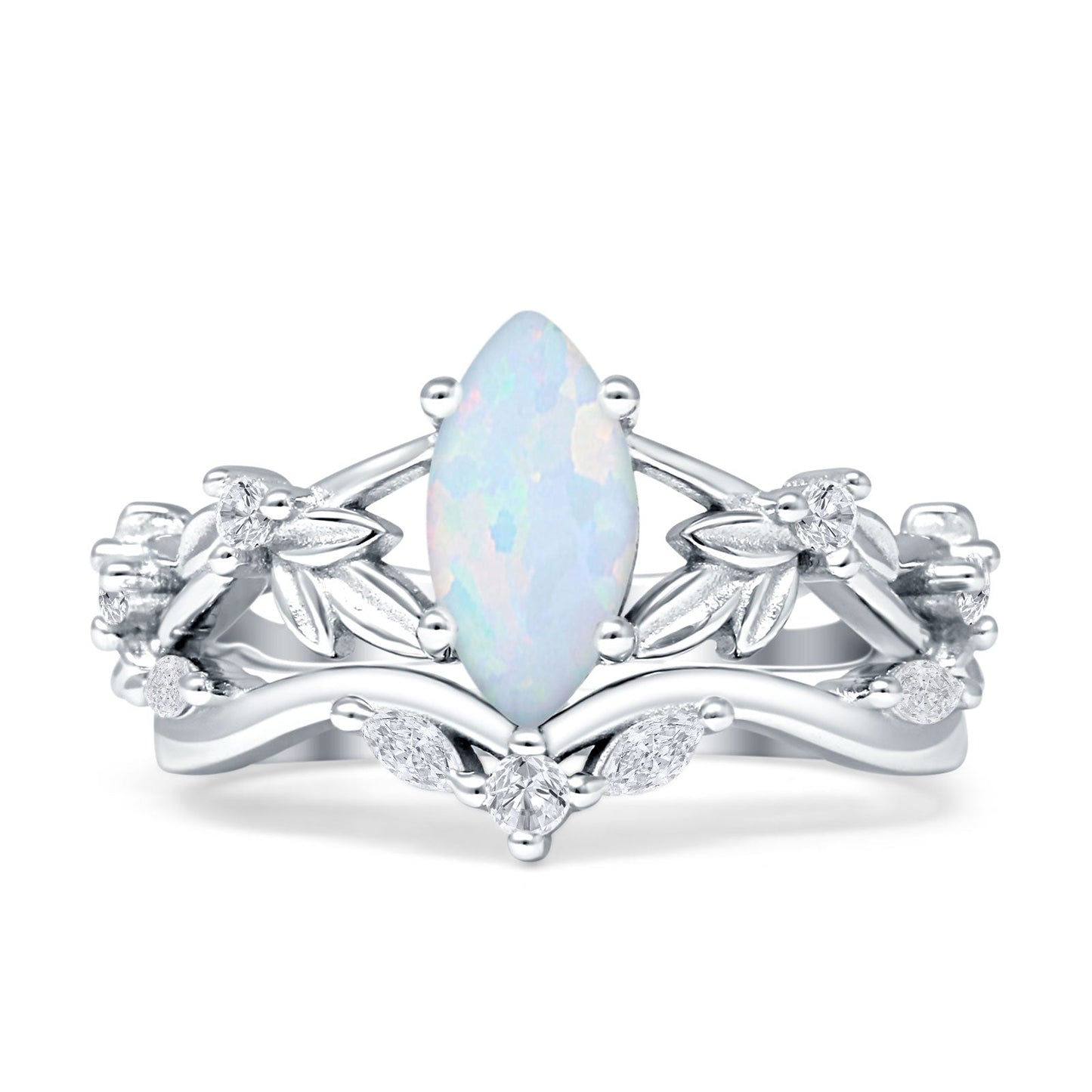 Marquise Split Shank Created White Opal Leaf Floral Ring