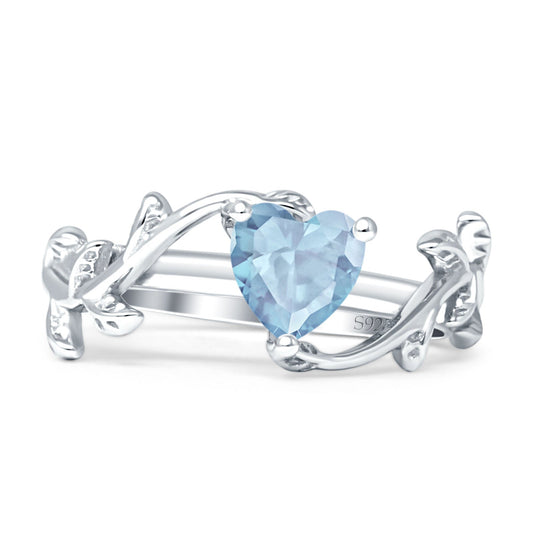 Heart Leaf Art Deco Promise Ring Aquamarine CZ