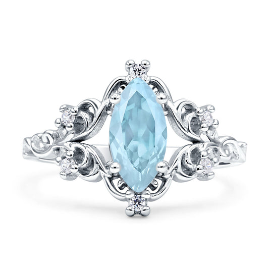 Vintage Style Engagement Ring Marquise Aquamarine CZ