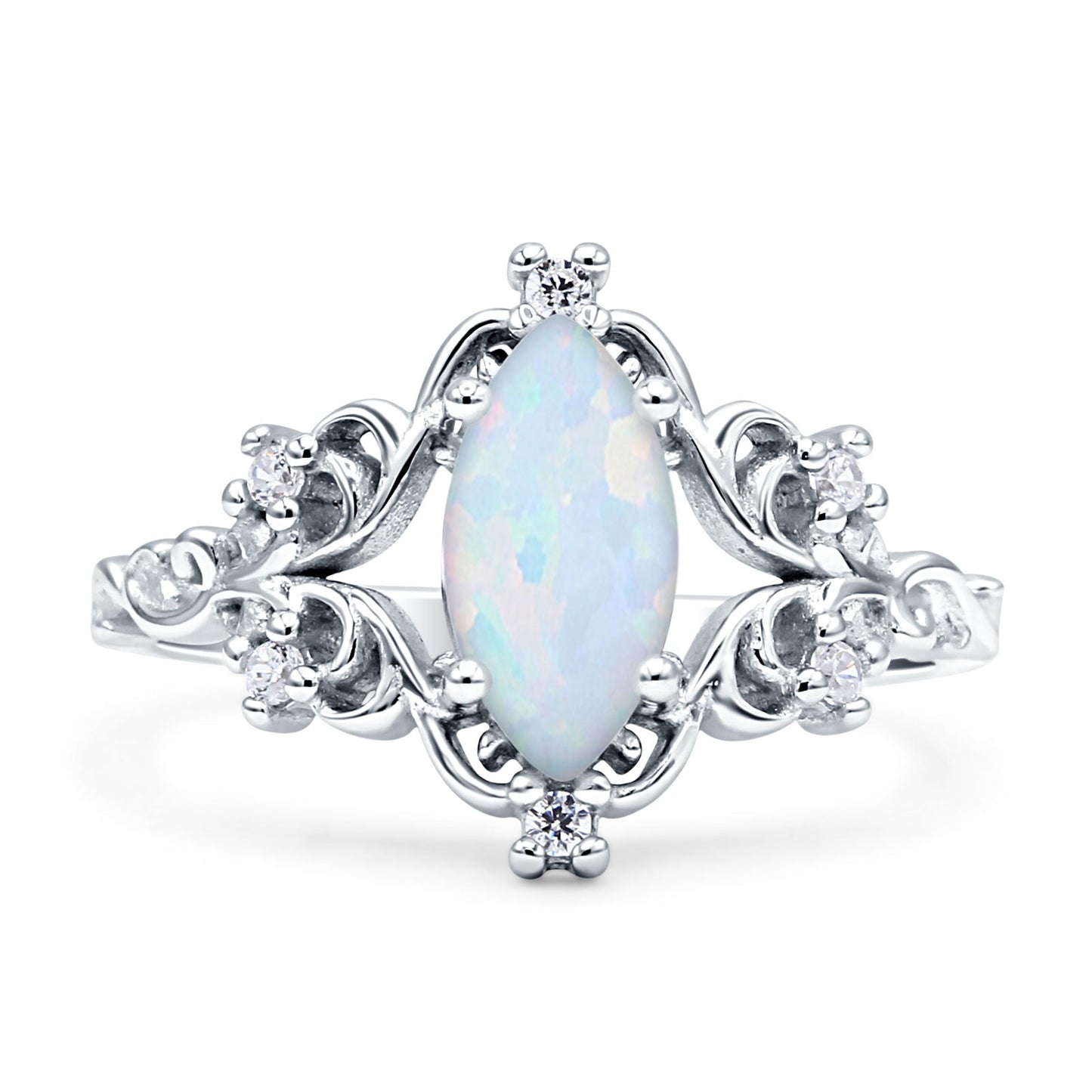 Vintage Style Engagement Ring Marquise Created White Opal