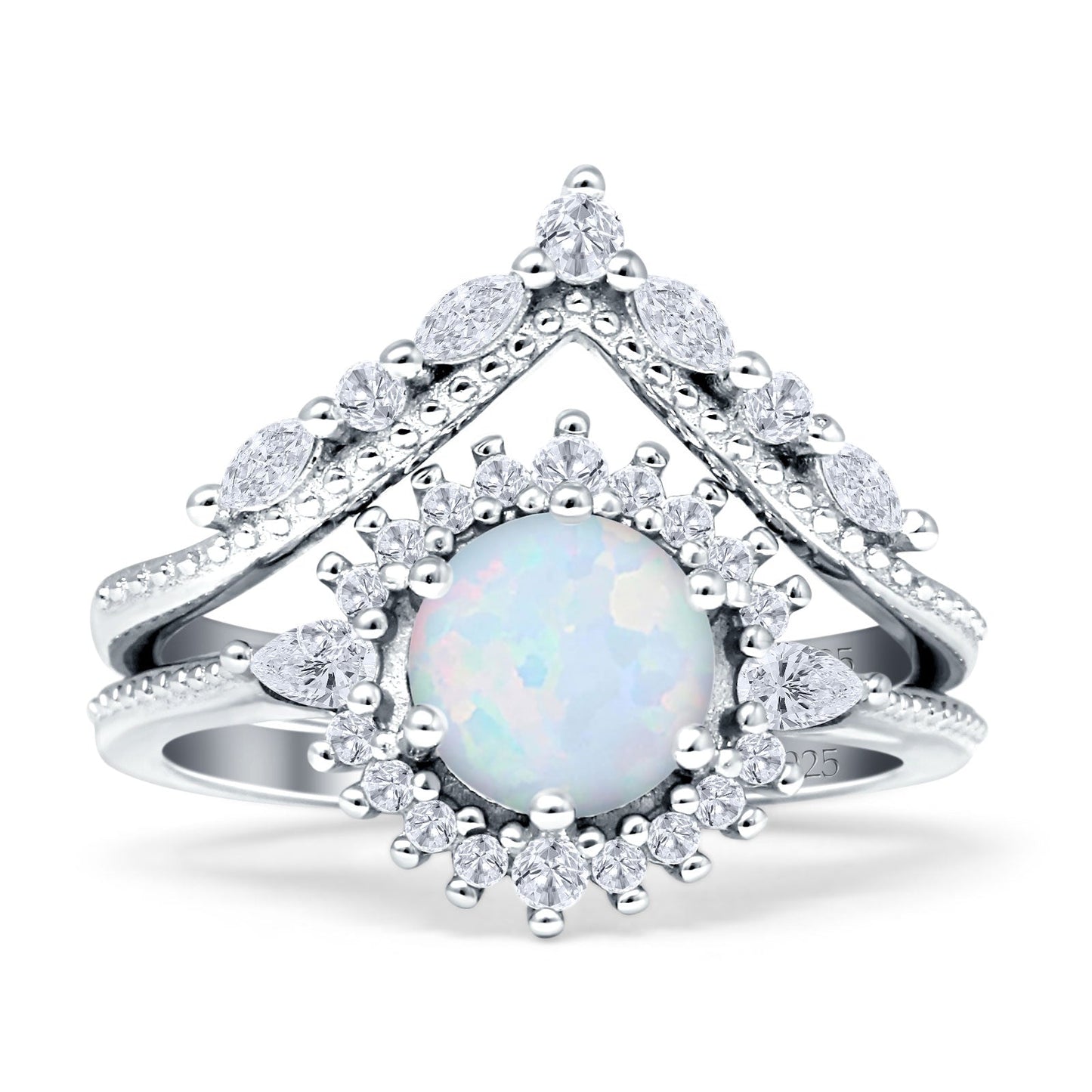 Two Piece Round Halo Bridal Ring Created White Opal